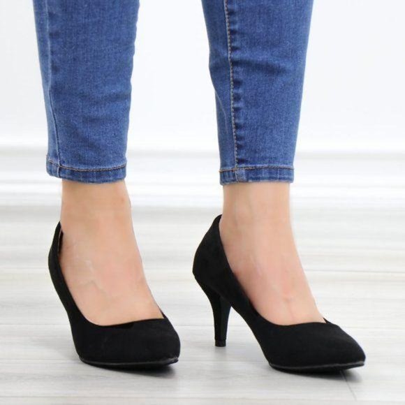 Black Suede Pointy Toe Kitten Low Heel Pumps - Picture 3 of 13